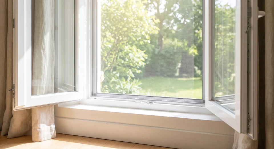 Gros plan sur une moustiquaire de fenêtre vista de l'intérieur d'une pièce lumineuse, avec une fenêtre ouverte permettant l'entrée de lumière naturelle et la circulation d'air. La moustiquaire est discrète, mailles fines en gris clair ou blanc sur encadrement aluminium gris anthracite, montée sur une fenêtre PVC modern. Vue depuis l'intérieur d'une habitation élégante, avec légère profondeur de champ mettant en avant la transparence et l'efficacité de la moustiquaire. Jardin verdoyant visible au travers. Photo réaliste de qualité professionnelle, bien exposée, sans texte ni filigrane.