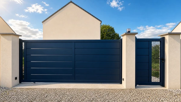 Extérieur résidentiel avec portail moderne gris anthracite à lames horizontales ajourées