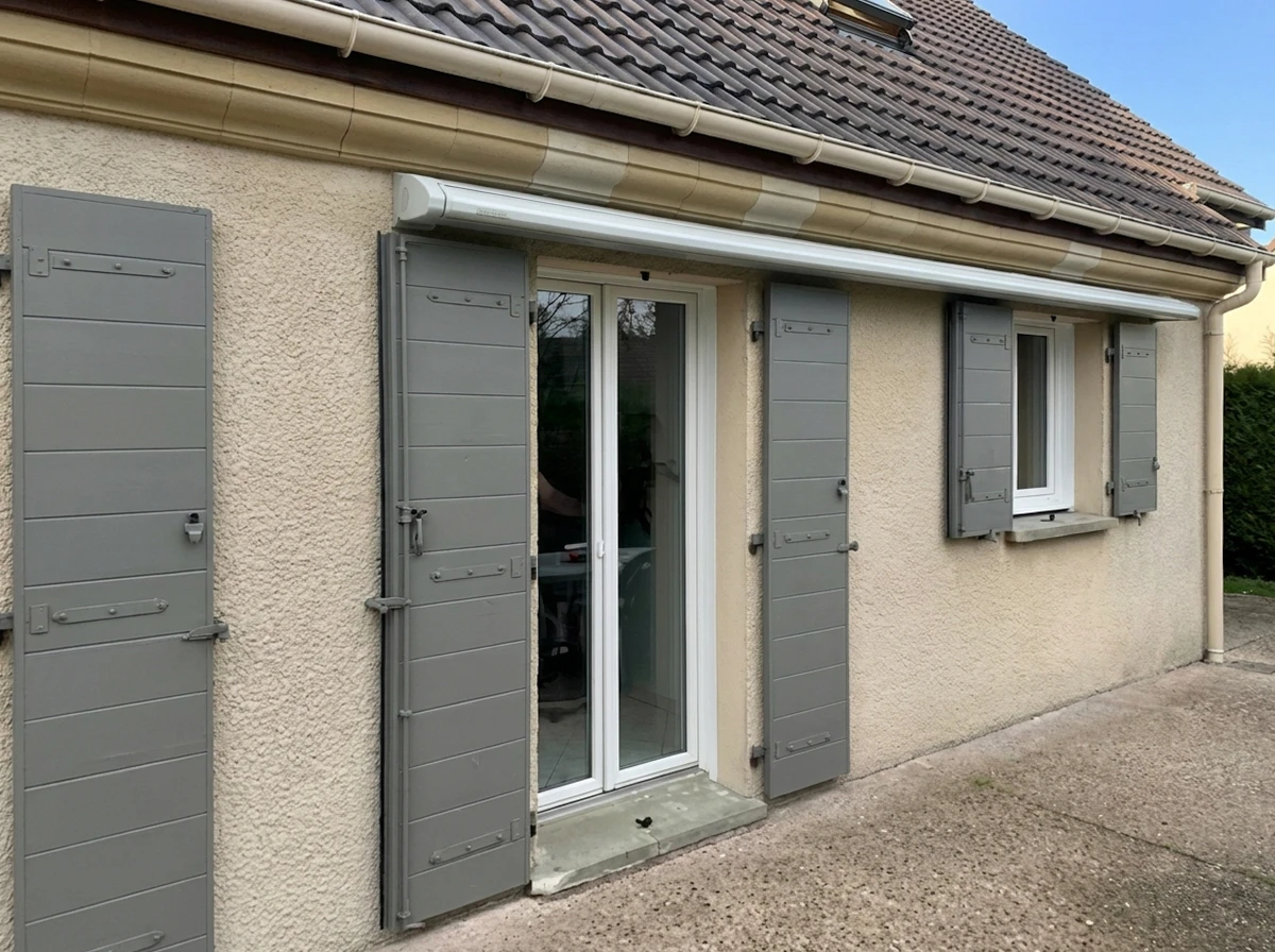 Extérieur résidentiel avec maison moderne blanche à toit plat et portail coulissant anthracite