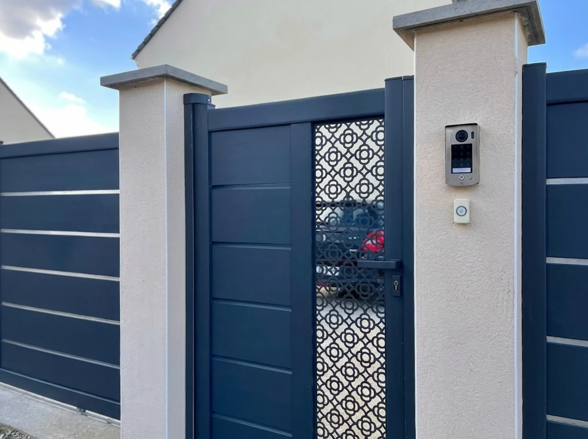 Façade de maison contemporaine avec portail coulissant et portillon en aluminium anthracite à lames horizontales