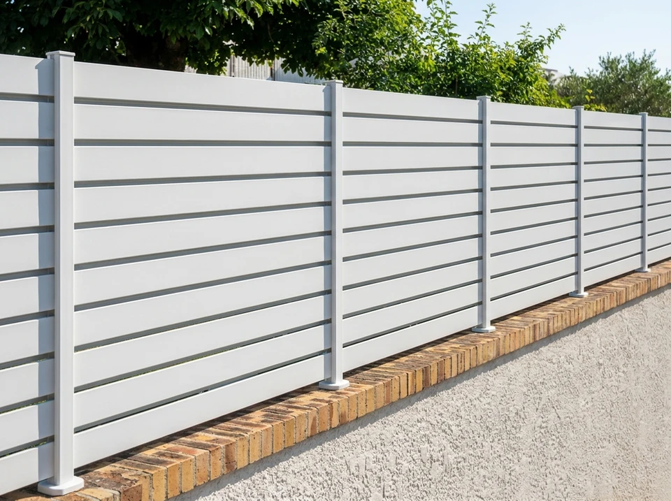 Portail coulissant aluminium laqué bleu anthracite (RAL 7016), à lames horizontales jointives, monté entre deux piliers en béton enduit
