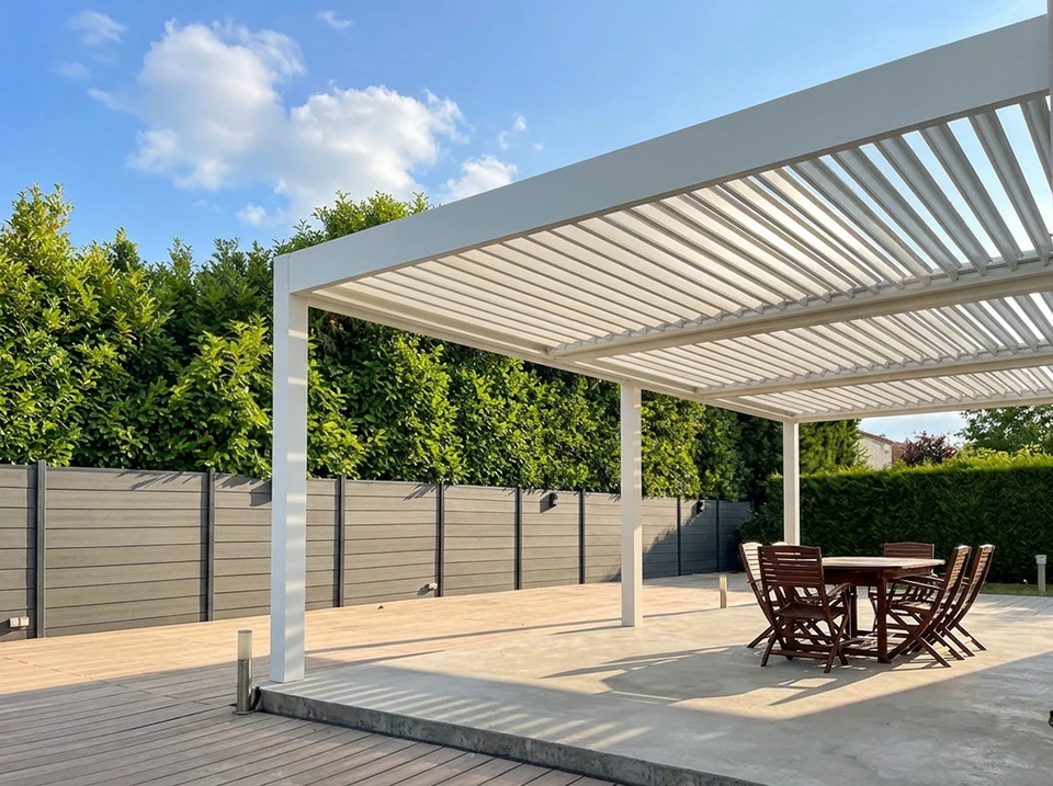 Terrasse de toit moderne avec salon de jardin en résine tressée sous pergola bioclimatique à lames orientables