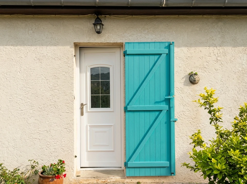 Gros plan professionnel d'une porte d'entrée contemporaine en aluminium gris anthracite ou bois teinté, montée sur une façade blanche de maison résidentielle. La porte doit être largement visible au centre de l'image, dotée de vitrage sécurisé haut de gamme, d'une poignée inox et affichant des détails de qualité premium. Encadrement blanc ou coloré assorti, seuil de qualité. Environnement résidentiel français typique avec toiture en tuiles et végétation discrète. Lumière naturelle généreuse mettant en avant le caractère élégant, solide et sécurisé de la menuiserie.