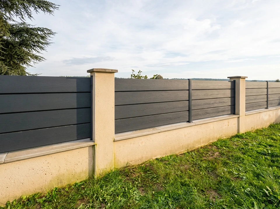 Clôture aluminium laquée blanc, style contemporain à lames horizontales espacées, montée sur muret en béton enduit avec chaperon en briques bicolores