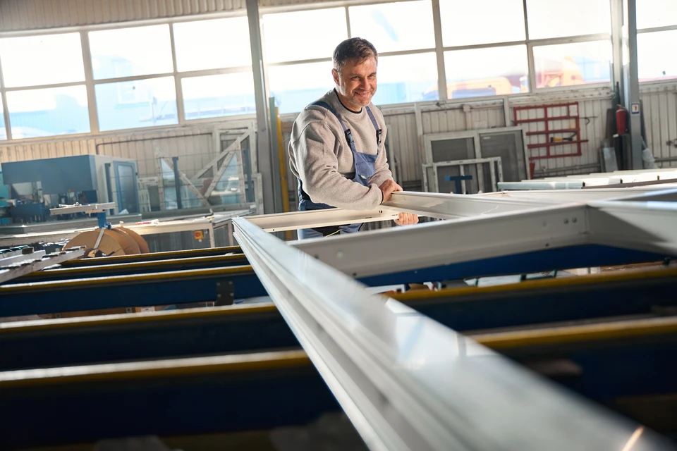 Artisan menuisier aluminium en consultation avec un client dans un showroom ou un bureau d'accueil, présentant des échantillons physiques de profils aluminium (lames, cadres, coloris gris anthracite, blanc, etc.) et des volets, portails ou pergolas en miniature. L'artisan pointe du doigt vers des matériaux, sourire professionnel et bienveillant. Lumière naturelle, atmosphère accueillante et confidentielle. Aucun texte visible.