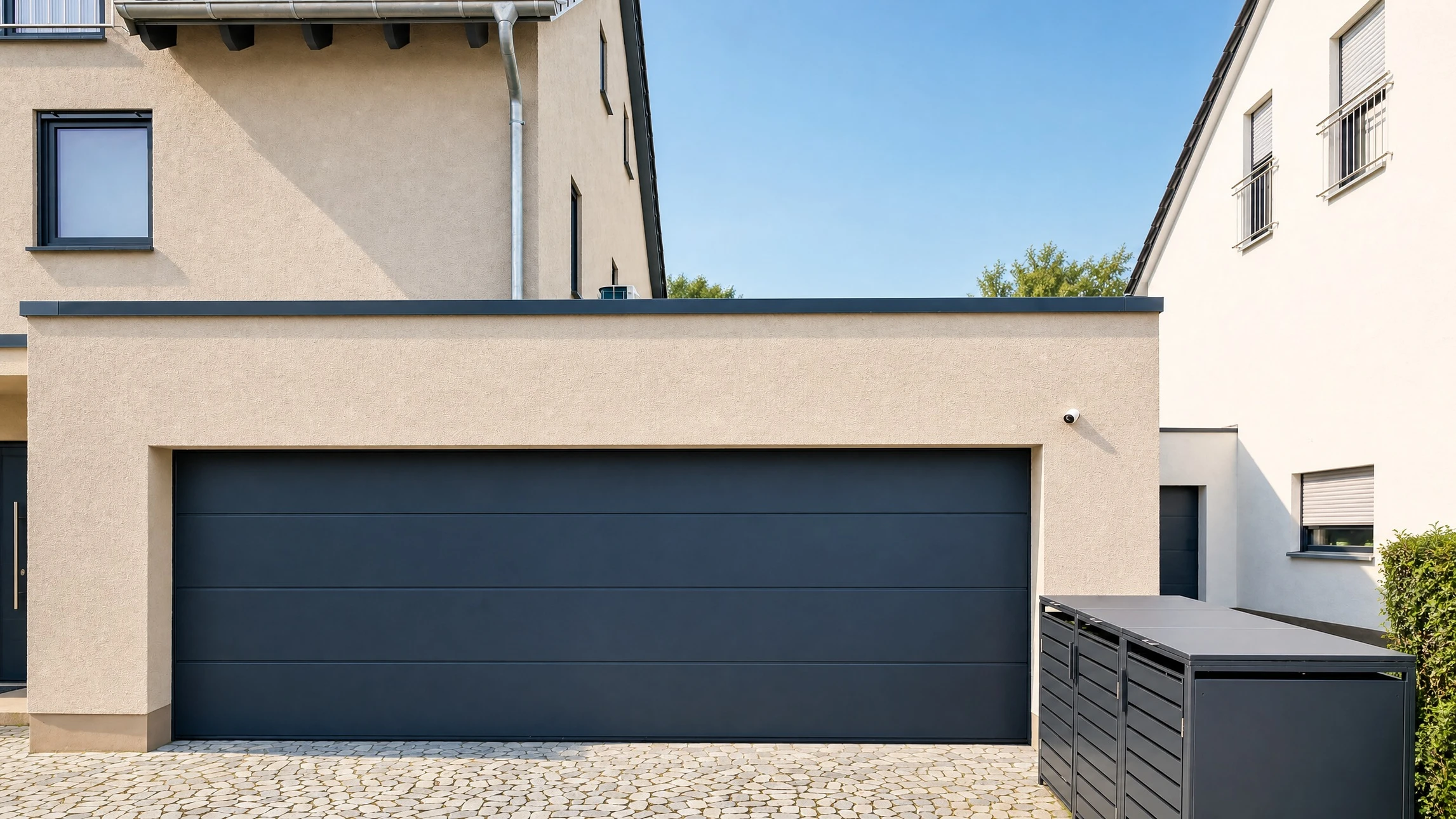 Façade extérieure moderne avec porte de garage sectionnelle anthracite partiellement ouverte, éclairage LED intégré sous linteau